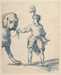 Polsk dværg fører en hund (pen & blæk og vask på papir)