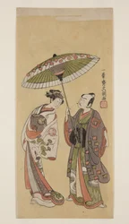 Skuespillere Ichikawa Yaoz? II som Reb i J?r? og Segawa Kikunoj? II som Toraen (farvet træbloktryk)