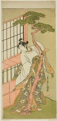 Skuespilleren Ichikawa Monnosuke II som Tsunewaka-maru i skuespillet Iro Moyo Aoyagi Soga, opført på Nakamura Theatre i den anden måned, 1775
