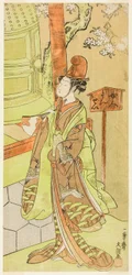 Skuespilleren Iwai Hanshiro IV som Kiyohime i stykket Hidakagawa Iriai-zakura, opført på Morita Theatre i den niende måned, 1770