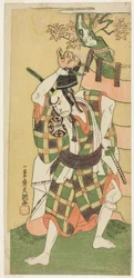 Skuespilleren Nakamura Nakazo I som Yamaoka no Saburo i "Momiji Kumo Nishiki no Tsuri Yogi" (Ahornskyer: A Brocade of Coverlets Hung Up), Tredje akt i stykket Kawaranu Hanasakae Hachi no Ki (The Ever-Blooming Potted Tree), opført på Nakamura Theatre