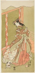 Skuespilleren Nakamura Noshio I som den tredje prinsesse (Nyosan no Miya) i stykket Fuki Kaete Tsuki mo Yoshiwara (Rethatched Roof: The Moon also Shines Over the Yoshiwara Pleasure District), opført på Morita Theatre fra den første dag i den ellevte ma.