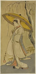 Skuespilleren Segawa Kikunojo II som Heron Maiden i stykket "Cotton Wadding of Izu Protecting the Matrimonial Chrysanthemums (Myoto-giku Izu no Kisewata)" opført på Ichimura Theatre fra den første dag i den ellevte måned, 1770