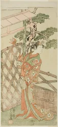 Skuespilleren Yamashita Kinsaku II som Moshio, Ito Sukekiyos hustru, i skuespillet Izu-goyomi Shibai no Ganjitsu, opført på Morita Theatre i den ellevte måned, 1772