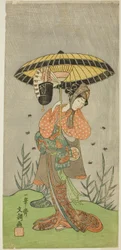 Skuespilleren Yamashita Kinsaku II som Nijo no Kisaki (?) i skuespillet Natsu Matsuri Naniwa Kagami (?), opført på Morita Theatre (?) i den syvende måned, 1770 (?)