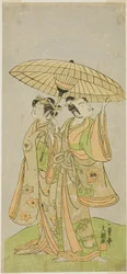 Skuespillerne Ichikawa Komazo II som Chunagon Yukihira (til højre) og Iwai Hanshiro IV som Murasame (til venstre), i skuespillet Kuni no Hana Ono no Itsumoji, opført på Nakamura Theatre i den ellevte måned, 1771