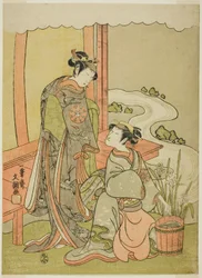 Skuespillerne Nakamura Tomijuro I som Enju forklædt som Shirbyoshi Gio (til højre), og Nakamura Noshio I som Goo forklædt som Hotoke Gozen (til venstre), i skuespillet Miyako-zome Gio Katsugi, opført på Morita Theatre i den ellevte måned, 1770