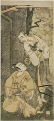 Skuespillerne Nakamura Utaemon I som Seigen (til højre) og Ichikawa Komazo II som Shimizu Tonoinosuke Kiyoharu (til venstre), i stykket Soga Moyo Aigo no Wakamatsu, opført på Nakamura Theatre i den tredje måned, 1769