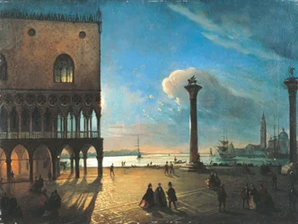 Piazzetta San Marco i måneskin, Venedig, af Ippolito Caffi (1809-1866), olie på lærred, 52x70 cm