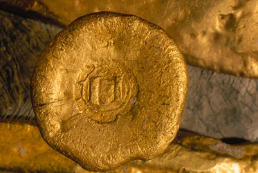 En glitrende formue i guld og sølv er blevet hentet op fra havbunden. Skatte som denne guldknap blev sendt fra Den Nye Verden til Sevilla via Cuba. Med tilladelse fra Kontoret for Havanas byhistoriker.