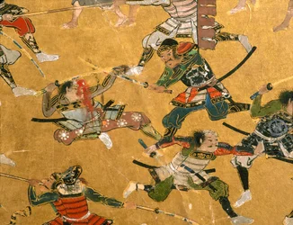 Detaljerede paneler, der viser slaget ved Osaka og andre kampscener, Osaka Castle Museum, 2005 (foto)
