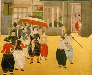 Detaljer fra Namban byobu-skærmen, der skildrer portugisiske handelsmænd, der besøgte Japan i Momoyama-perioden, 2005 (foto)