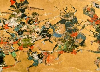 De to midterste paneler forestiller scener fra slaget ved Osaka, Japan, 2005 (foto)