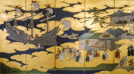 Samurai- Foldeskærm af Namban Byobus- Sydlige barbarer- Et portugisisk skib sejler ind i en japansk havn..., 2005 (foto)
