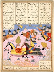 Malik løfter Abul Mihjan fra sadlen. Fra Khavarannama The Book of the East af ibn Husam al-D