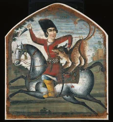 Jæger på hesteryg angrebet af et mytisk udyr, midten af det 18. århundrede (se 200943)