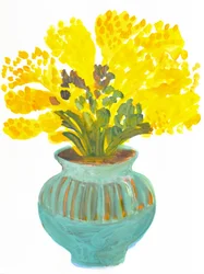 Gule blomster i en blågrøn vase