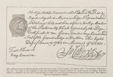 Faksimile af det tidligst kendte certifikat udstedt under Segl of the Grand Lodge of Ireland, dateret 1762