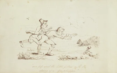 Over Pop Went the Little Fellow with the Spring of a Grasshopper, bogillustration, der viser Two Irishmen Chasing a Leprechaun, 1800-tallet (pen og blæk på papir)