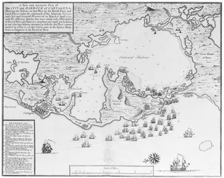 En ny og nøjagtig plan over byen og havnen i Cartagena, der viser den britiske flådes og landstyrkers indtagelse af stedet under ledelse af admiralerne Vernon og Ogle og general Wentworth i marts og april 1741...