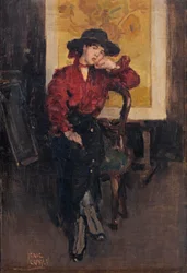 En elegant dame poserer foran solsikkerne af Vincent van Gogh, ca. 1916-20 (olie på lærred)