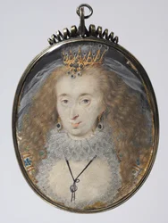 Portræt af Lucy Russell, grevinde af Bedford, ca. 1608-16 (akvarel på vellum med guld og sølv i en forgyldt sølvramme)