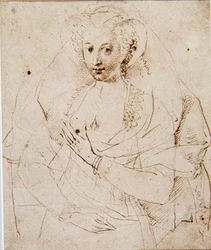 Portræt af en ukendt dame, formelt kaldet Lucy Harrington, grevinde af Bedford, en skitse til en miniature (nr. 3902) c.1605 (pen og blæk, kridt på papir) (se også 58811)