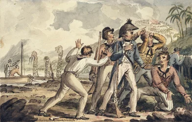 Kaptajn Burney opdager sine myrdede skibskammerater, illustration fra "The Voyages of Captain Cook"