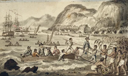 Captain Cook Landing in Owyhee, illustration fra "The Voyages of Captain Cook"