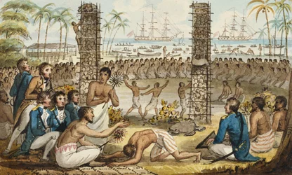Captain Cook på øen Otaheite, illustration fra "The Voyages of Captain Cook"