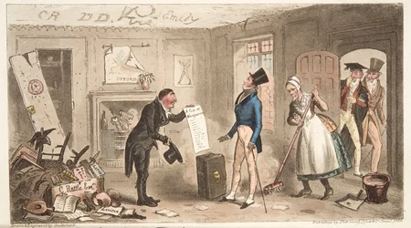 College Comforts, A Freshman, der tager sine værelser i besiddelse, fra The English Spy, pub. 1824 (håndfarvet gravering)