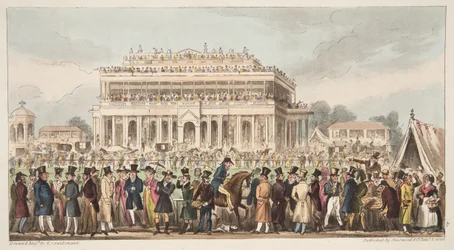 Doncaster Race Course under Great St. Leger Race, 1824, fra The English Spy, pub. 1824 (håndfarvet gravering)