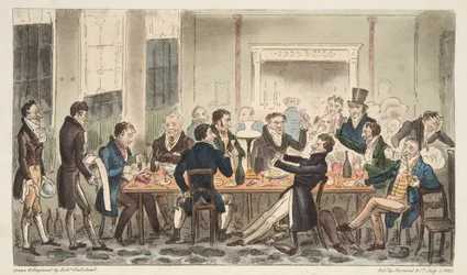 Aften og i High Spirits, en scene på Longs Hotel, Bond Street, fra The English Spy, pub. 1824 (håndfarvet gravering)