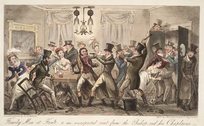 Family Men at Fault, eller et uventet besøg fra biskoppen og hans præster, fra, The English Spy, pub. 1824 (håndfarvet gravering)
