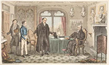 First Bow to Alma Mater, eller Bernard Blackmantles introduktion til Big Wig, fra The English Spy, udgivet London, 1824 (håndfarvet gravering)