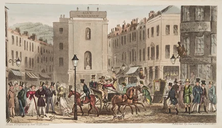 Milsom Street & Bond Street med portrætter af Bath Swells, fra The English Spy, udgivet London, 1824 (håndfarvet gravering)