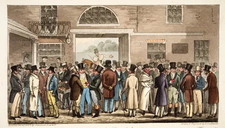 Mandag efter Great St Leger, eller Heroes of the Turf, der betaler og modtager på Tattersalls, fra The English Spy, pub. 1824 (håndfarvet gravering)