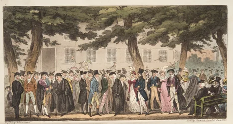 Show Sunday, A View in the Broad Walk, Christ Church Meadows, Oxford, fra The English Spy, pub. 1824 (håndfarvet gravering)