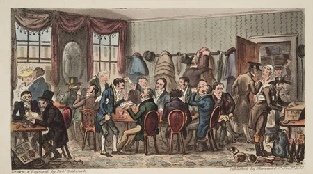 The Bags, Mens Banket på Bell Inn, Cheltenham, fra The English Spy, pub. 1824 (håndfarvet gravering)