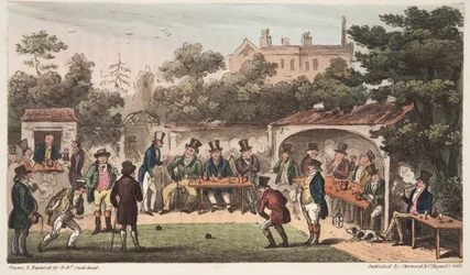 The Bowling Alley, Worcester, or Characters of the Hand and Glove Club, fra The English Spy, udgivet i London, 1824 (håndkoloreret stik)
