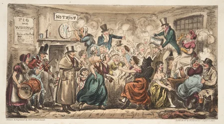 The Buff Club på Pig and Whistle, Avon Street, Bath, fra The English Spy, pub. London, 1824 (håndkoloreret gravering)