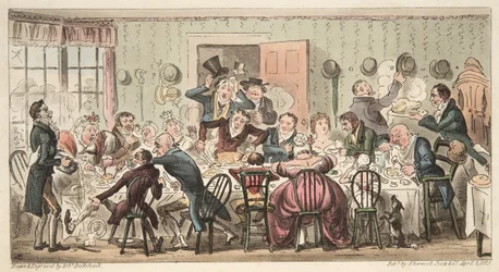 Cits Sunday Ordinary ved Gate House Highgate; eller, hver Hog til sit eget Apple, fra The English Spy, pub. 1824 (håndfarvet gravering)