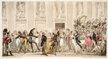 The Cyprians Ball at the Argyle Rooms, fra The English Spy, pub. 1824 (håndfarvet gravering)