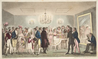 The Green Room of the Kings Theatre, eller noble amatører, der ser på udenlandske kuriositeter, fra The English Spy, pub. 1824 (håndfarvet gravering)