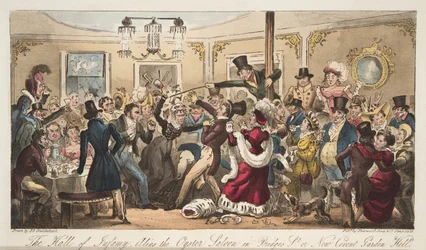 The Hall of Infamy, alias Oyster Saloon i Brydges-Street, eller New Covent Garden Hell, fra The English Spy, pub. 1824 (håndfarvet gravering)