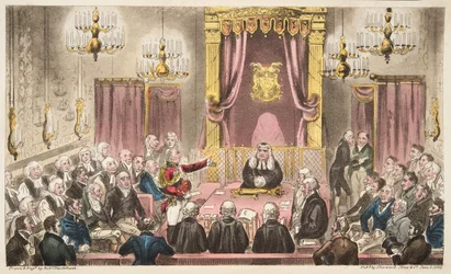 The House of Lords in High Debate, fra The English Spy, pub. 1824 (håndfarvet gravering)