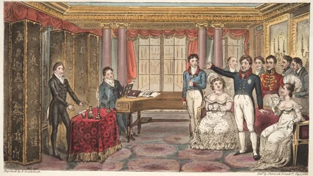 The King at Home, or Mathews at Carlton House, fra The English Spy, af Charles Westmacott, udgivet 1824 (håndkoloreret gravering)