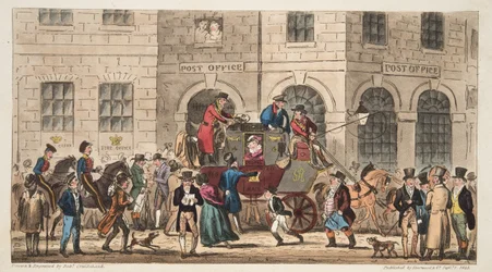 The Post Office Bristol, Arrival of the London Mail, fra The English Spy, udgivet London, 1824