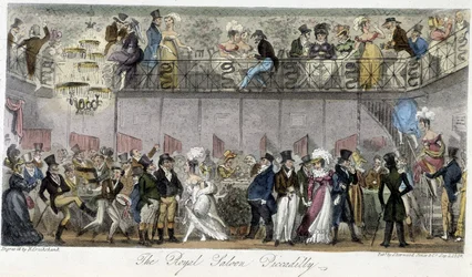 The Royal Saloon Piccadilly - i "The English Spy" af Charles Molloy Westmacott, tegning af Robert Cruikshank, London Edition