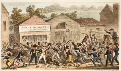 The Tea Pot Row at Harrow, eller Battle of Hog Lane, fra The English Spy, pub. 1824 (håndfarvet gravering)